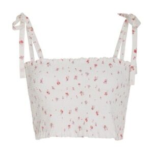 LoveShackFancy Gracie Smock Cropped Floral Top in Whisper Pink White Small